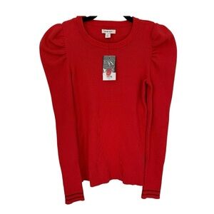 NINE WEST NWT! Red Ribbed Sweater Puff Shoulder Crew Neck Long Sleeve Sparkle XS